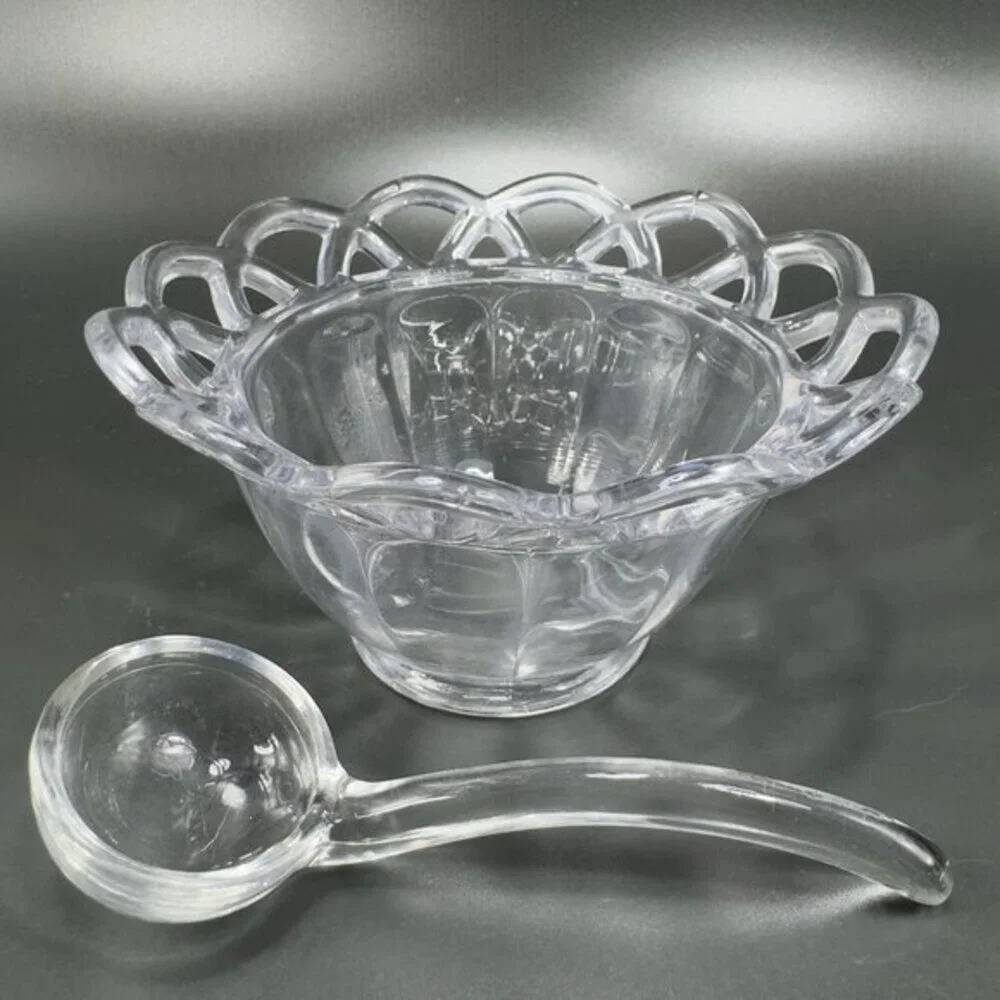 Vintage Imperial Glass‎ Clear Lace Edge Mayonnaise Bowl With Spoon Set Glass VTG